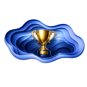 Gouden trofee in blauwe golven — symboliseert resultaten en successen