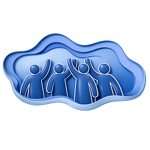 Groep mensen met opgeheven handen in blauwe golven — symboliseert samenwerking en verbondenheid